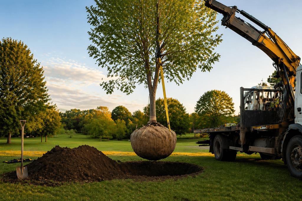 A tree in the middle of being transplanted, seen in a blog that answers the question "How to transplant a tree"